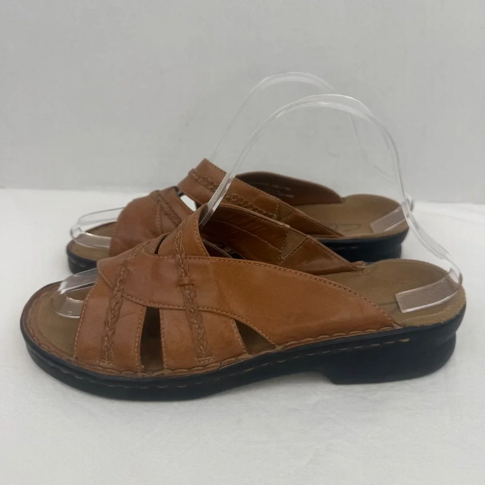 Clarks Womens Tan Brown Leather Braided Slide Sandals Size 7M Made in Brazil - Picture 7 of 13